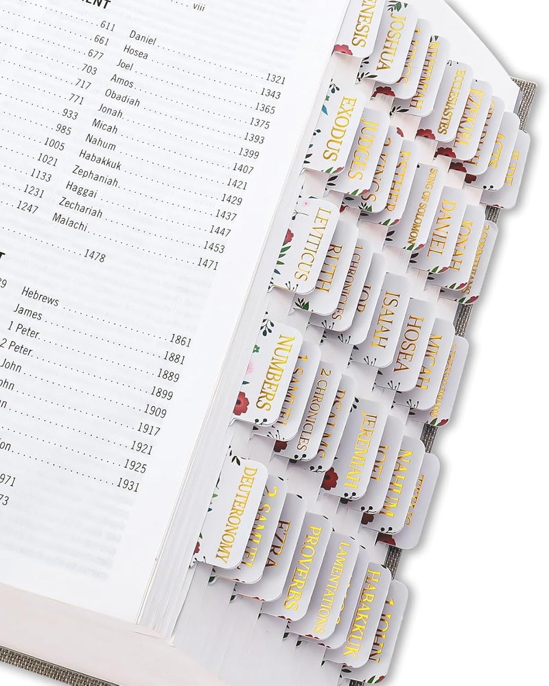 Taja Bible Tabs for Women & Men, Laminated Bible Tabs for Study Bible, Large Print Bible Tabs for Easy Navigation, Bible Index Tabs, 66 Tabs Old & New Testament, Extra 9 Blank Tabs - Vintage Floral - Image 1
